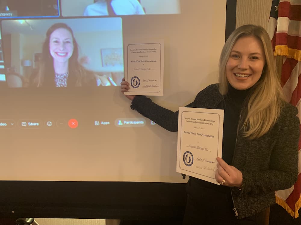 First-place recipient Dr. Lauren Lange poses virtually with second-place recipient Dr. Hannah Badon.